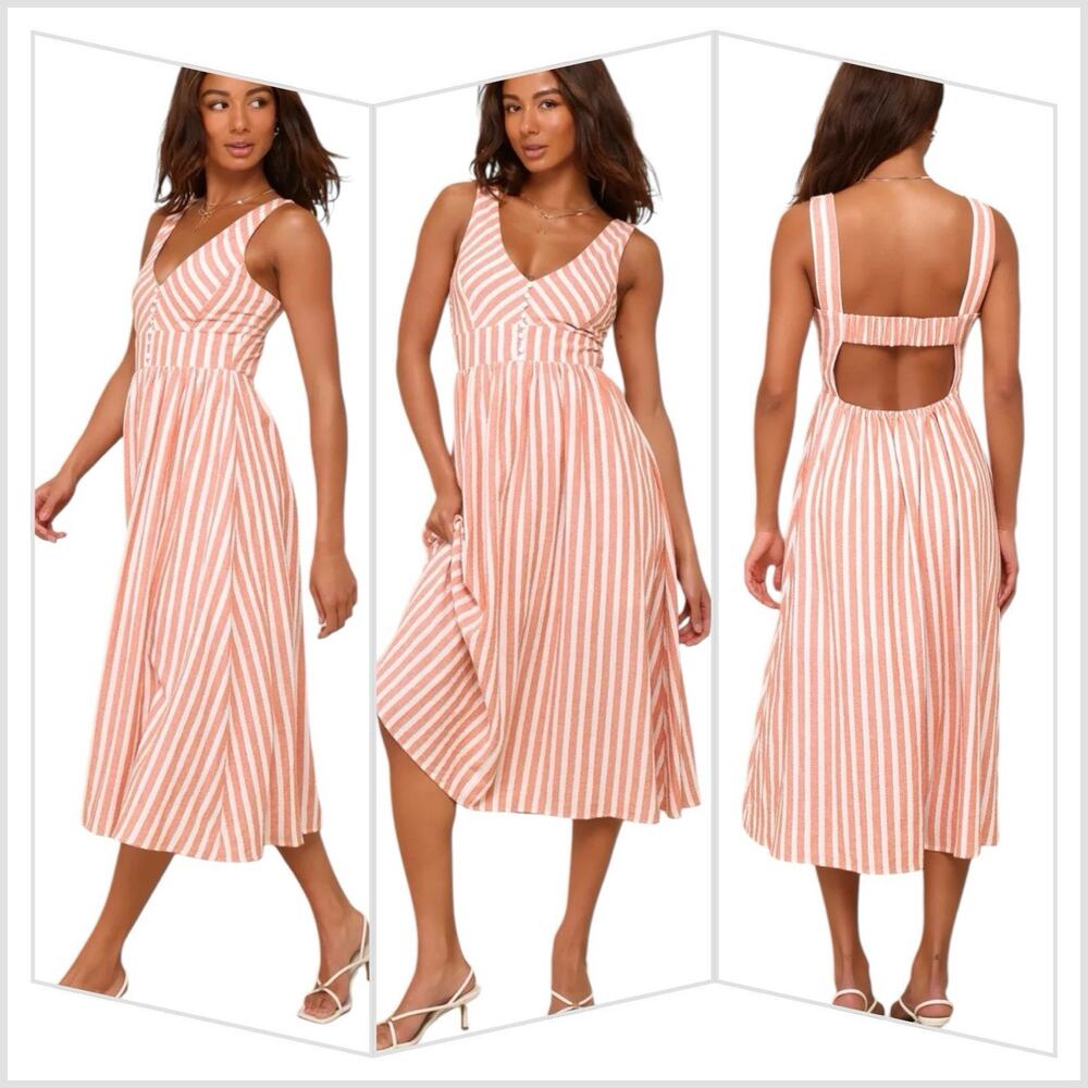 Lulus Sun-Kissed Cutie Orange Striped Backless Midi 100% Cotton Dress Size S